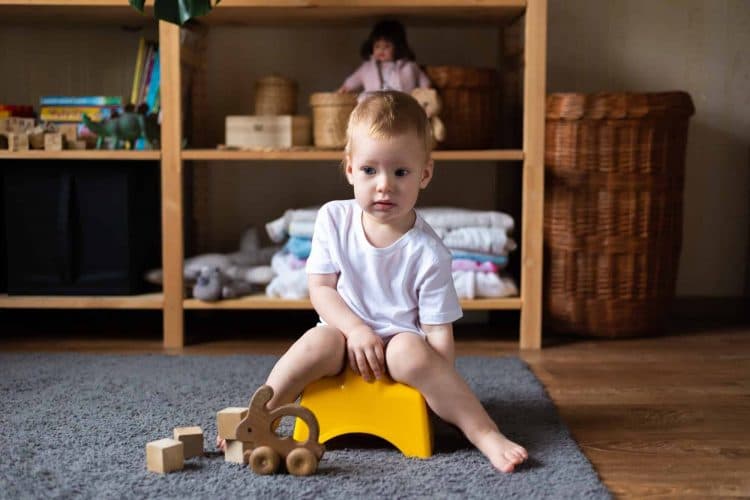 Cute toddler girl playing with his toys on potty