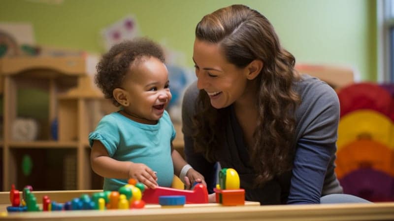 An occupational therapist plays with an autistic child using sensory toys.