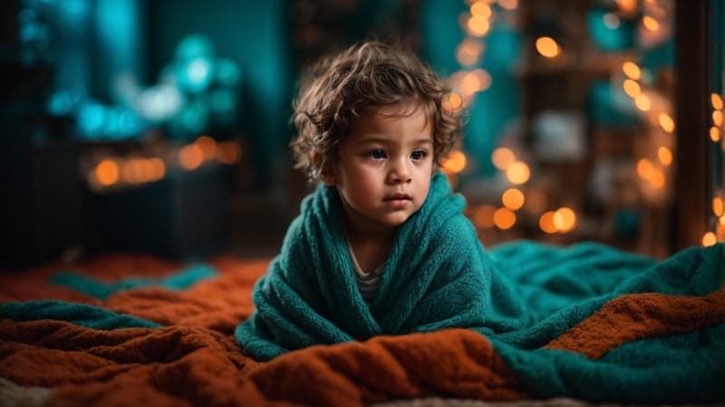 Tender scene of a child wrapped in a warm blanket, drifting into slumber