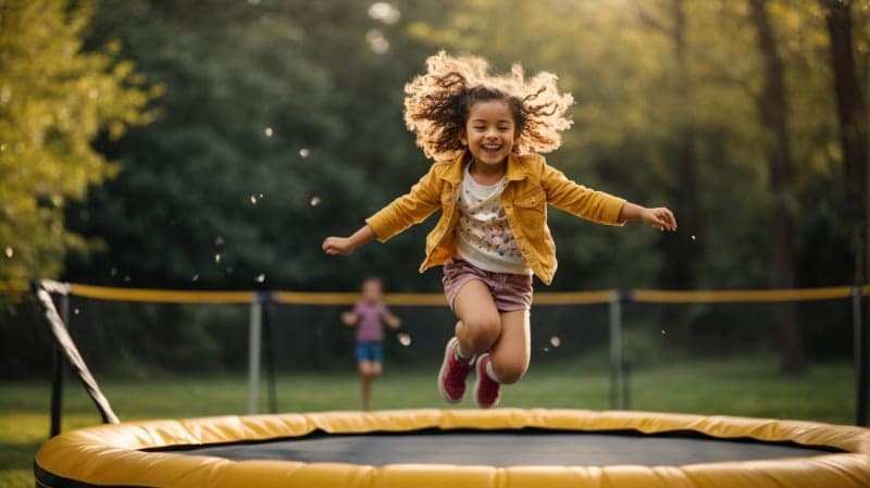 Energetic child bouncing with joy on a sunlit trampoline