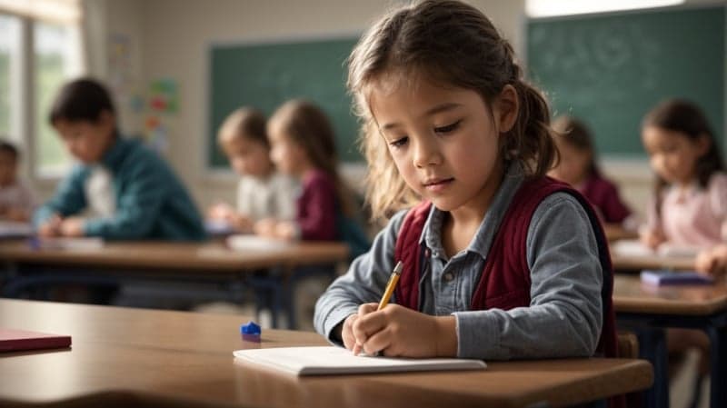 Medium shot of a young student diligently writing on paper with a pencil in hand