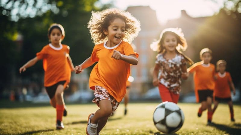 A lively game of soccer being played by energetic children outdoors.
