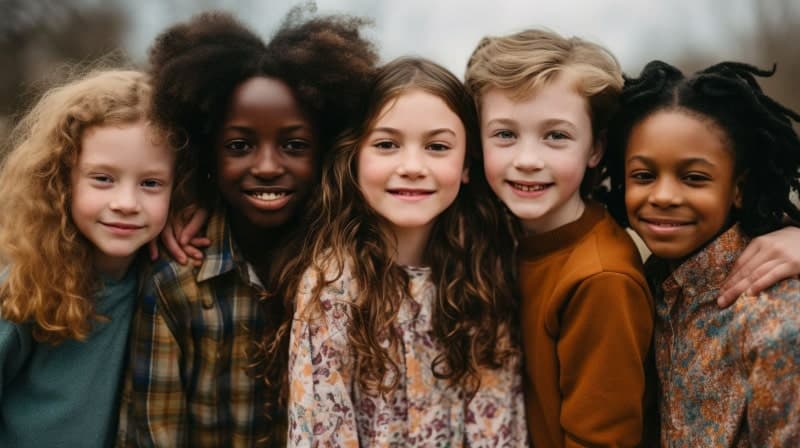 Diverse group of girls with autism supporting each other inclusively.