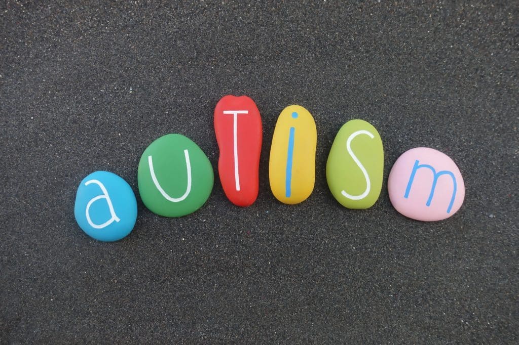 Autism, neurodevelopmental disorder, creative text composed with multicolored stone letters