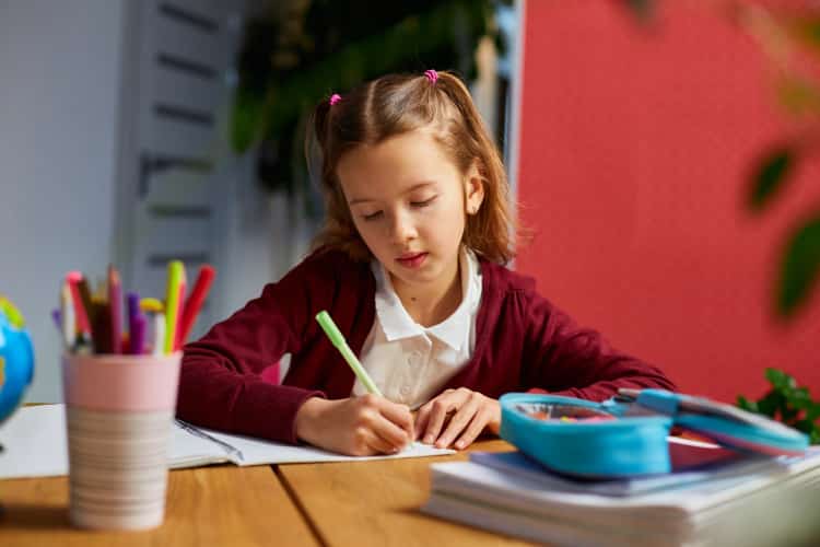 Focused schoolgirl sit at desk doing homework handwriting, homeschooling
