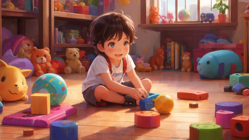 A kid playing on the floor. Lots of colorful toys. Discovery. Anime. Kiddy. Friendly.