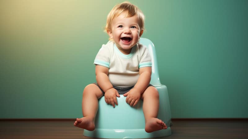 A cheerful toddler sits on a potty chair holding a diaper.