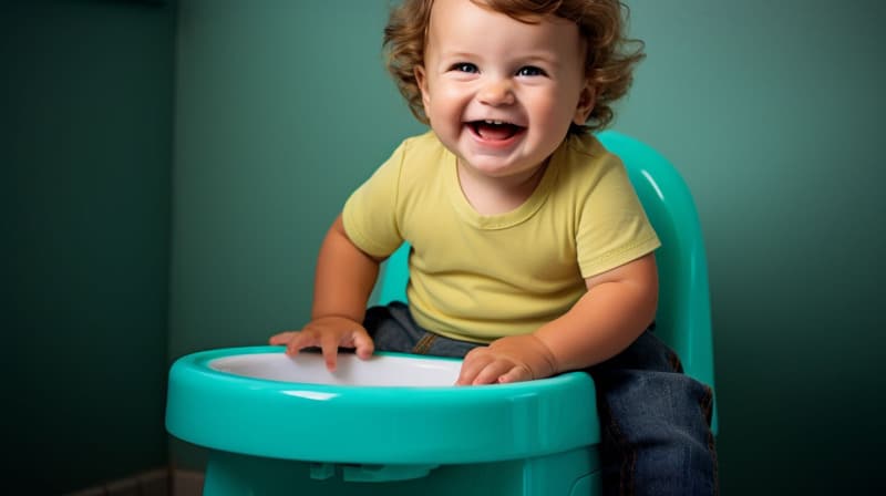 A cheerful toddler sits on a potty chair holding a diaper.