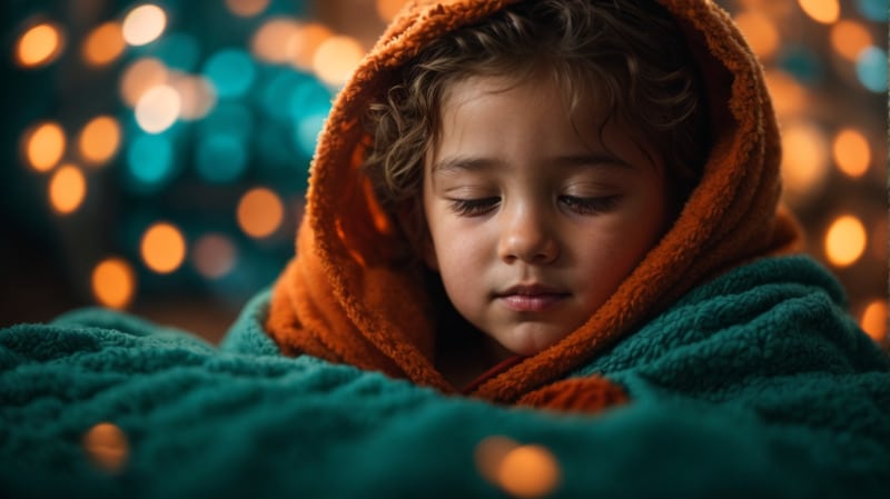 Close-up of a child in a cozy blanket, lost in the world of dreams