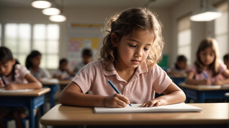 Detailed capture of a child's focused expression as they work on their handwriting skills in class