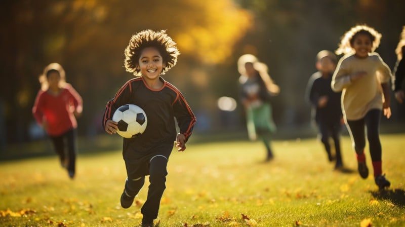 Kid running holding a ball
