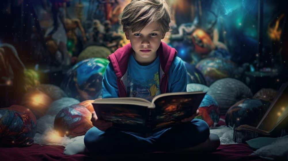 A child with autism reading a Social Story book, surrounded by colorful illustrations.