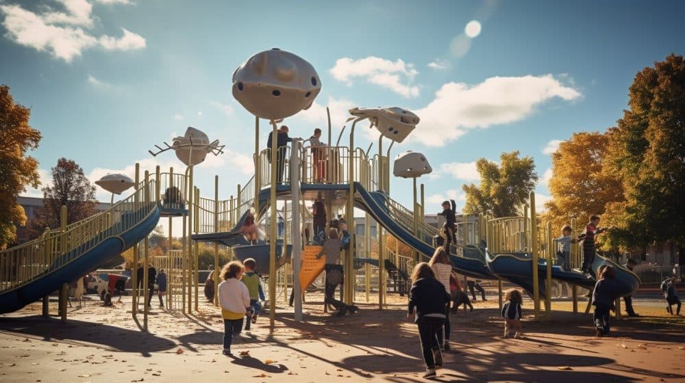Children playing on a playground in a comic-book style landscape photo.