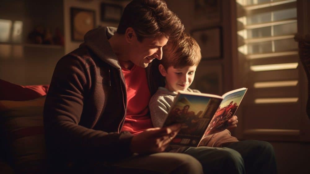 A child with autism and their parent reading a social story.